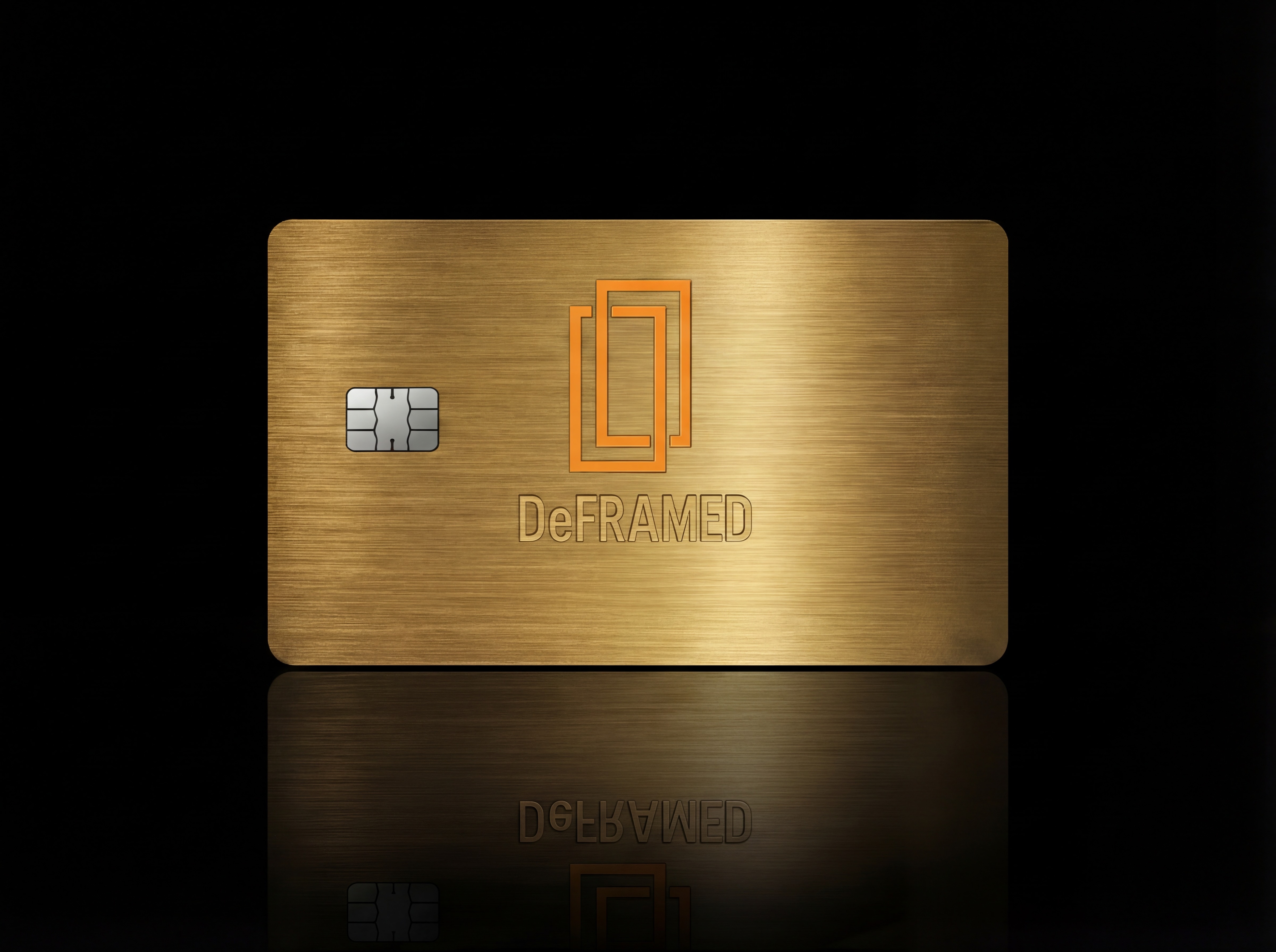 Gold brushed metal DeFRAMED card with orange logo