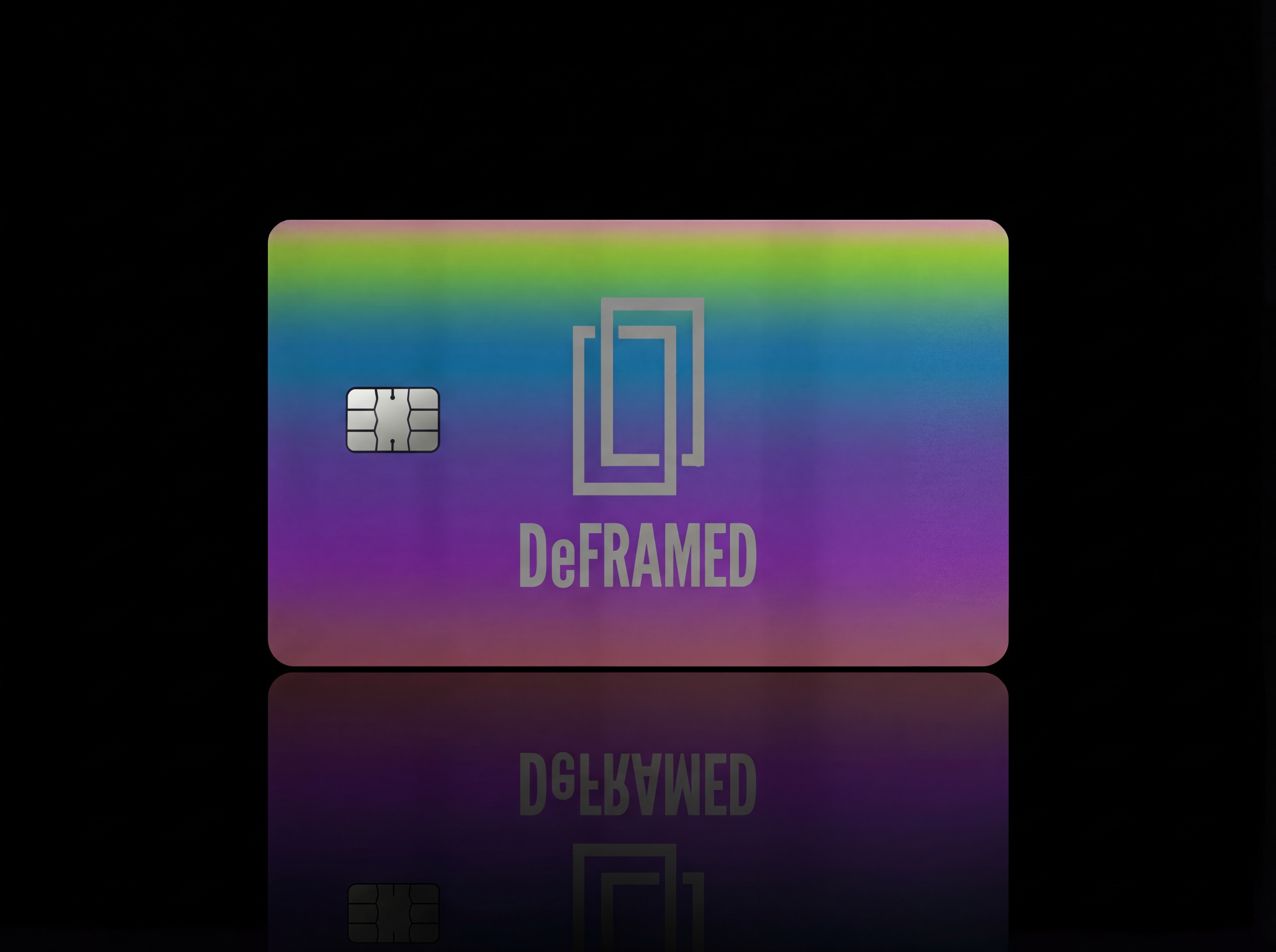 Rainbow gradient DeFRAMED card with silver logo